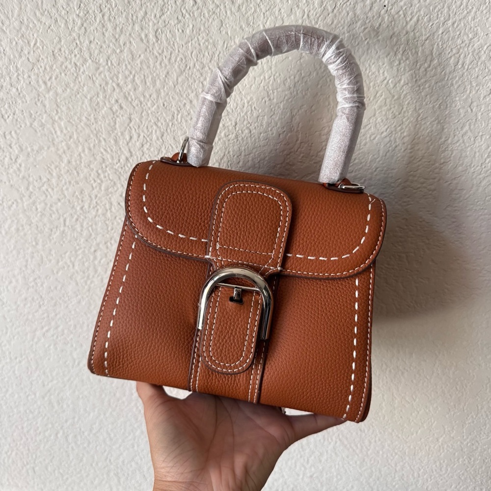 Gold Brown Mini Top Handle Bag Doctor's Buckle Satchel w/ Silver HW 18